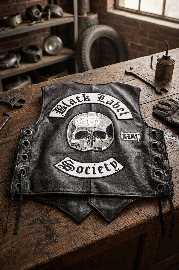 Black Leather Biker Vest with Skull & Black Label Society Patch, Lace-Up Sides