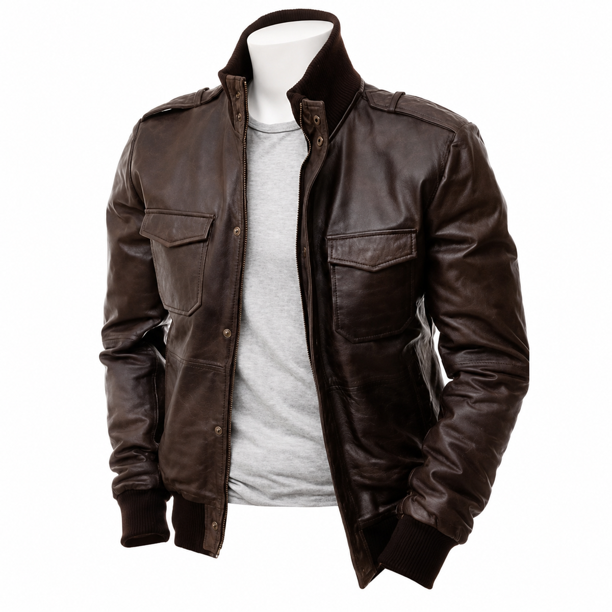 **Title:** Men’s Dark Brown Leather Bomber Jacket with Ribbed Collar and Chest Pockets