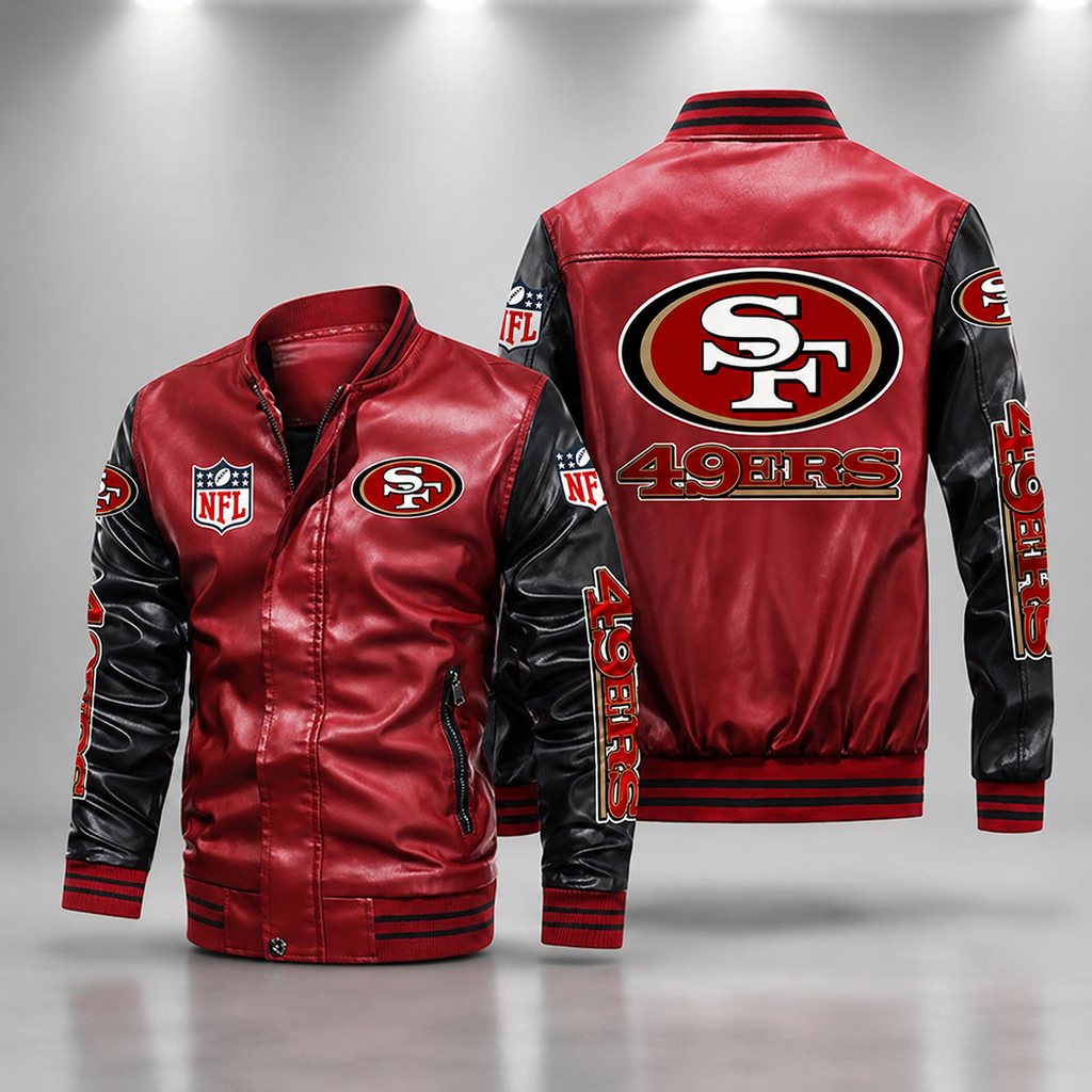 San Francisco 49ers Red & Black Leather Varsity Jacket NFL Team Bomber Jacket