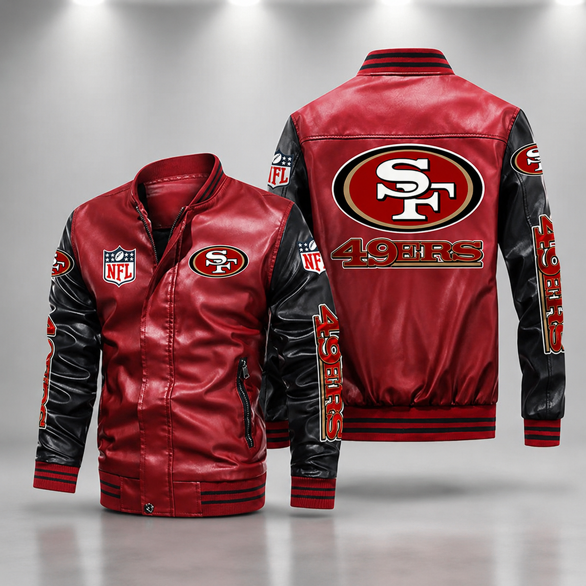 San Francisco 49ers Red & Black Leather Varsity Jacket NFL Team Bomber Jacket