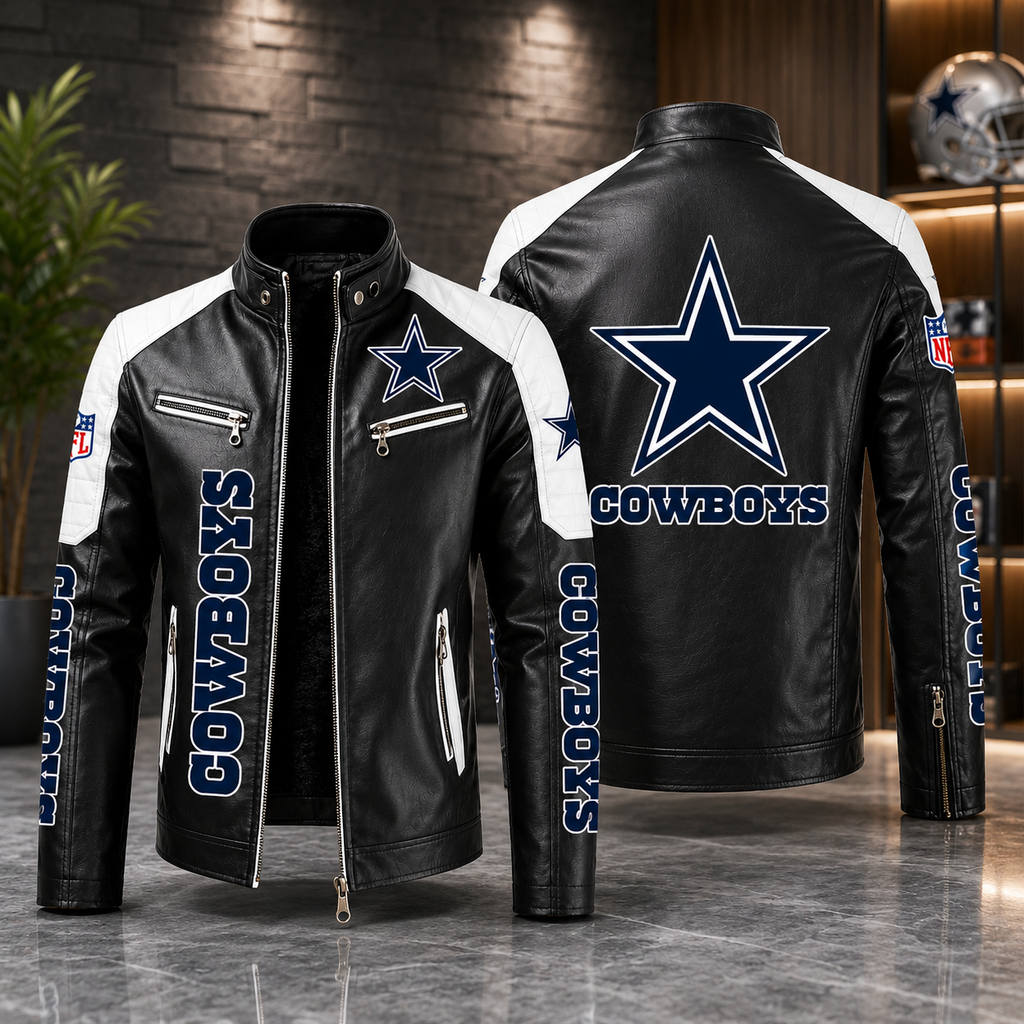 Dallas Cowboys Leather Motorcycle Jacket – Black & White NFL Fan Jacket