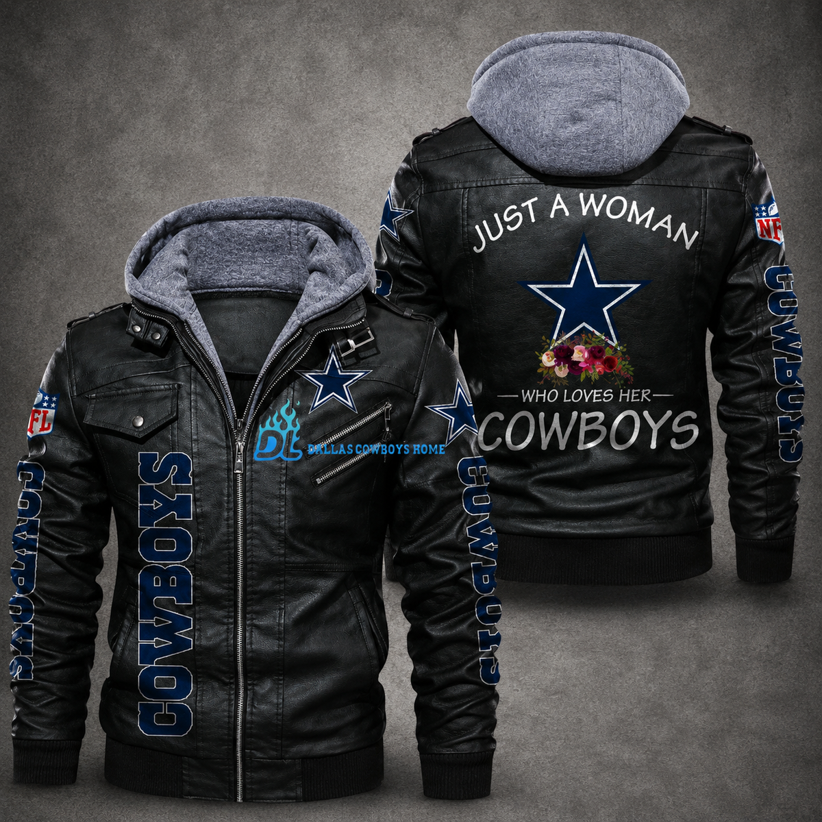 **Title:** Men’s Black Leather Hooded Biker Jacket – Dallas Cowboys Star Custom Motorcycle Jacket
