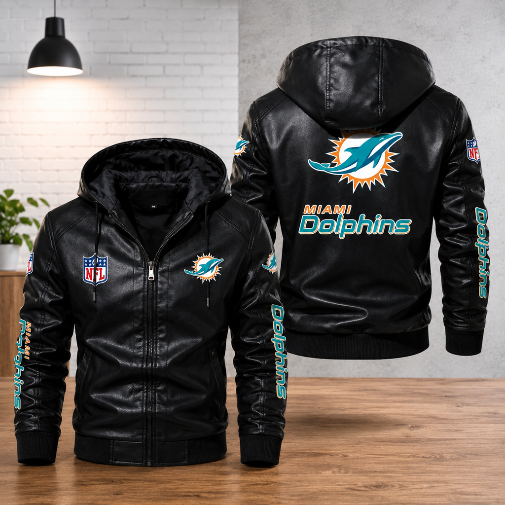 Miami Dolphins Black Leather Hooded Jacket Men’s NFL Team Bomber Jacket**