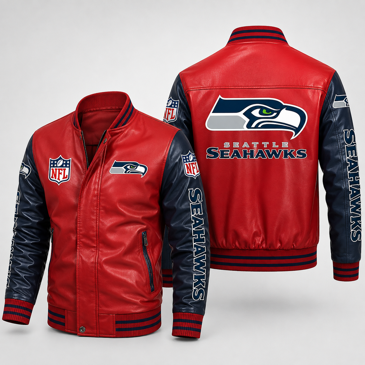 Seattle Seahawks Red & Navy Leather Varsity Jacket Men’s NFL Team Bomber Jacket**
