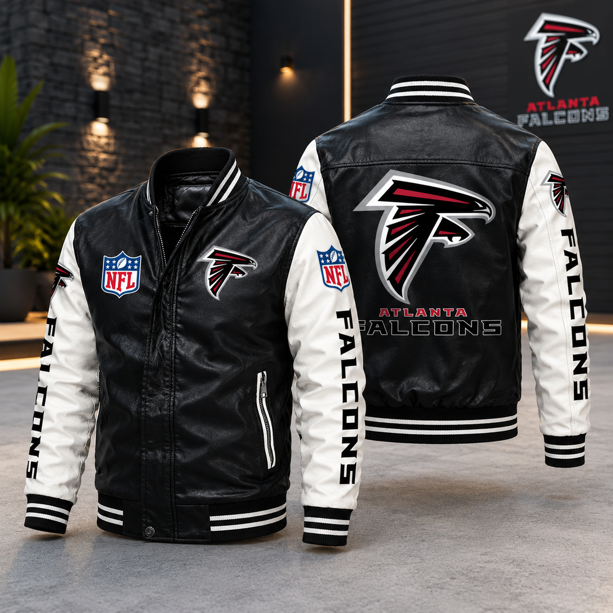 Atlanta Falcons Black & White Leather Varsity Jacket – NFL Bomber Jacket for Men