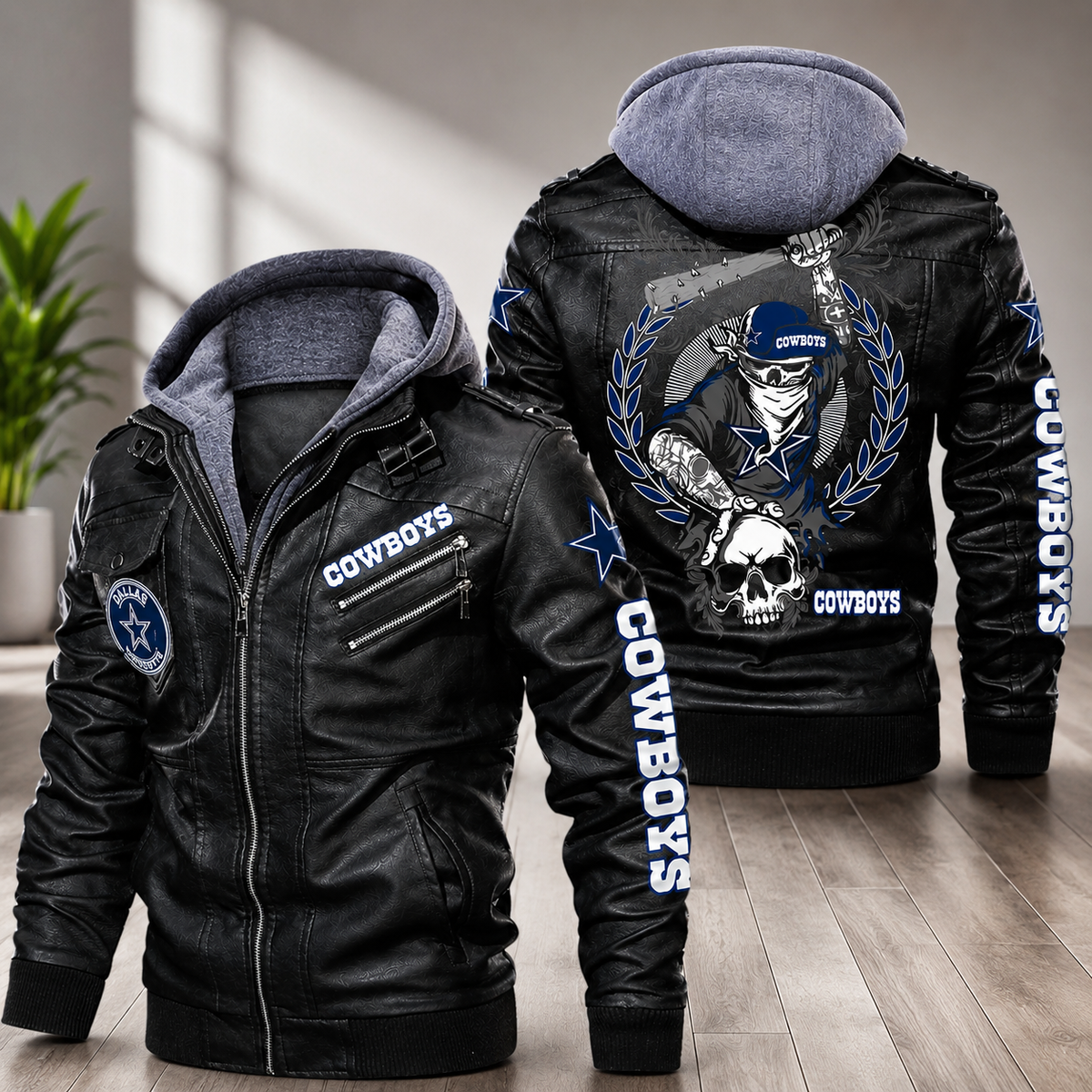 Dallas Cowboys Hooded Faux Leather Jacket Black Full Zip NFL Fan Motorcycle Biker Coat**