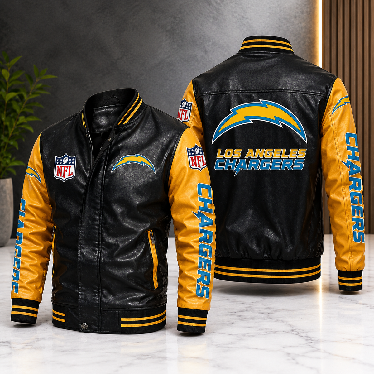 Los Angeles Chargers Black & Yellow Leather Varsity Jacket – NFL Bomber Jacket for Men