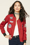 Women’s Red Bomber Jacket with Embroidered Patches – Stylish Casual Zip-Up Jacket