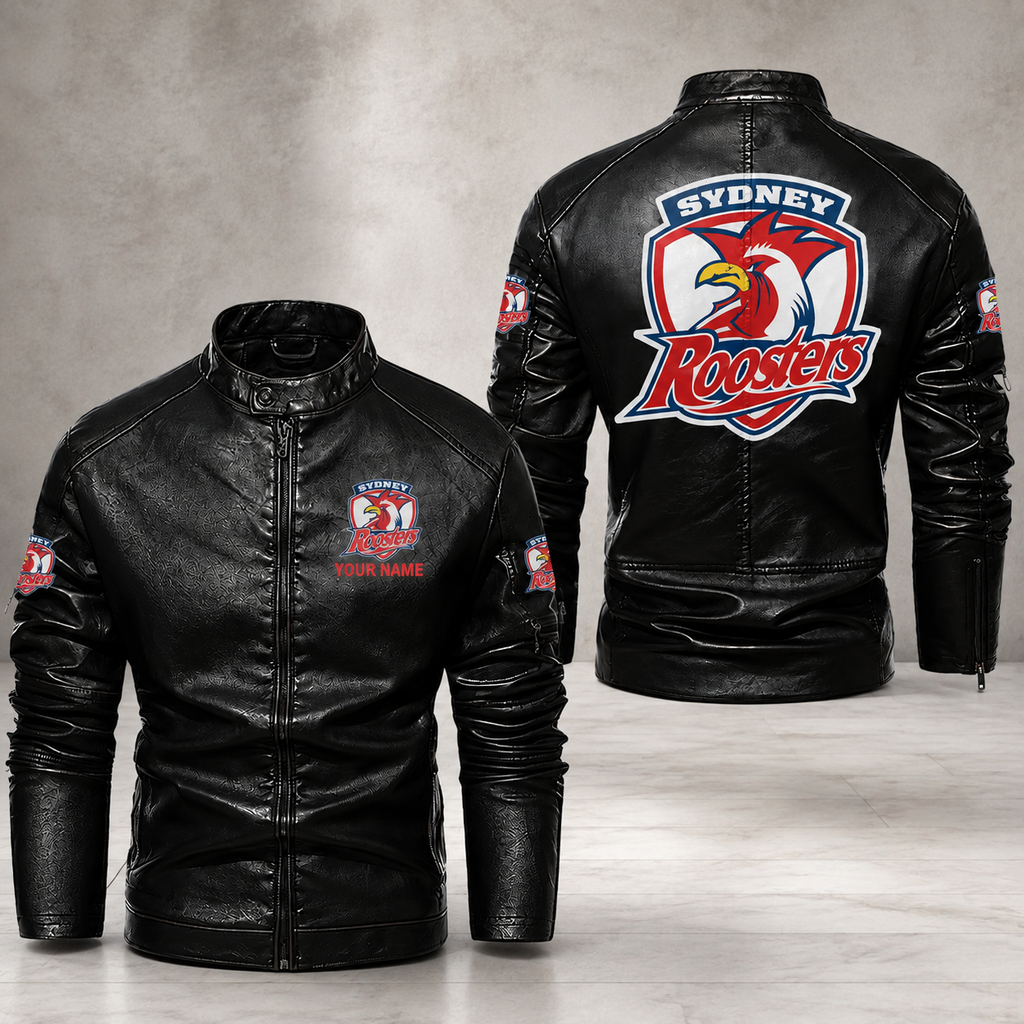 Men’s Black Leather Biker Jacket – Custom Sydney Roosters Motorcycle Jacket