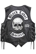 Black Leather Biker Vest with Skull & Black Label Society Patch, Lace-Up Sides
