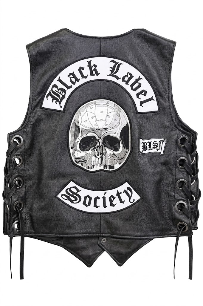 Black Leather Biker Vest with Skull & Black Label Society Patch, Lace-Up Sides