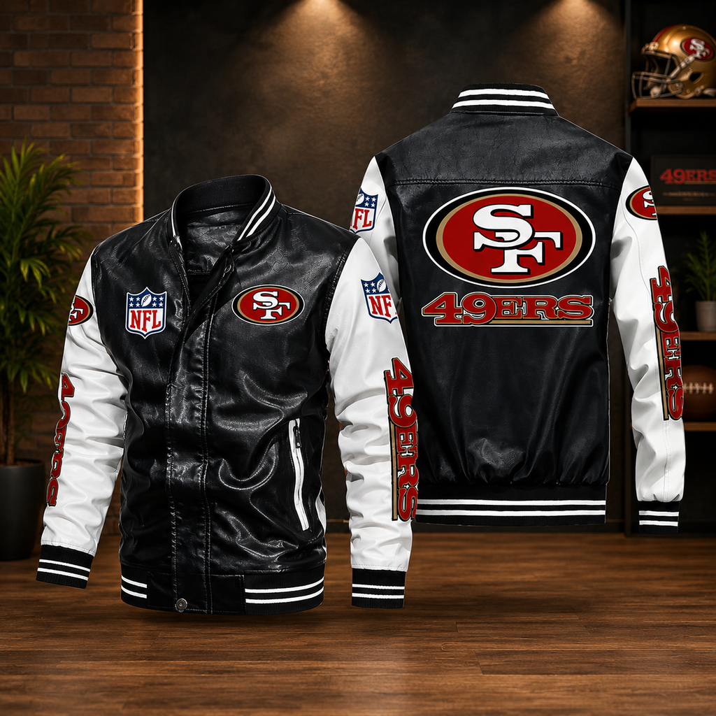 San Francisco 49ers Black & White Leather Varsity Jacket – Men’s NFL Football Bomber Jacket