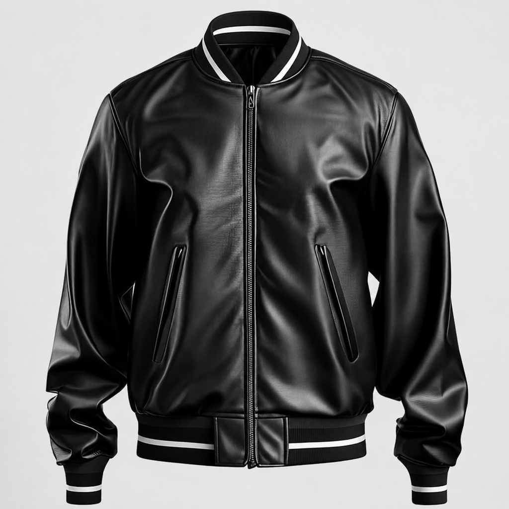 **Title:** Men’s Black Faux Leather Bomber Jacket with Striped Ribbed Collar and Cuffs