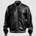 **Title:** Men’s Black Faux Leather Bomber Jacket with Striped Ribbed Collar and Cuffs