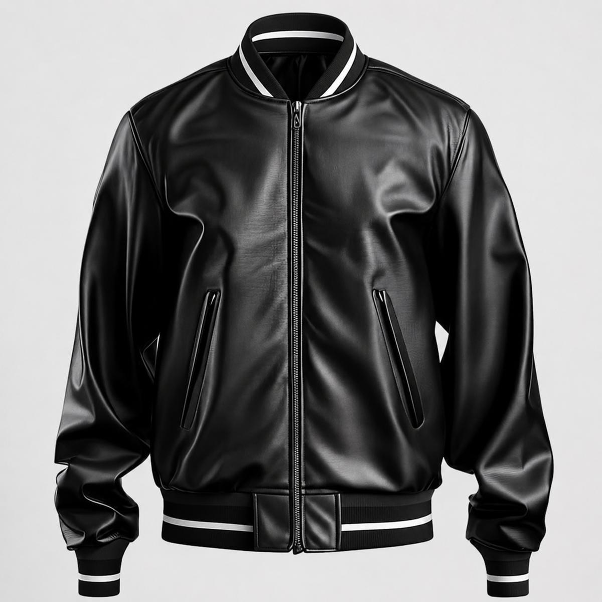 **Title:** Men’s Black Faux Leather Bomber Jacket with Striped Ribbed Collar and Cuffs