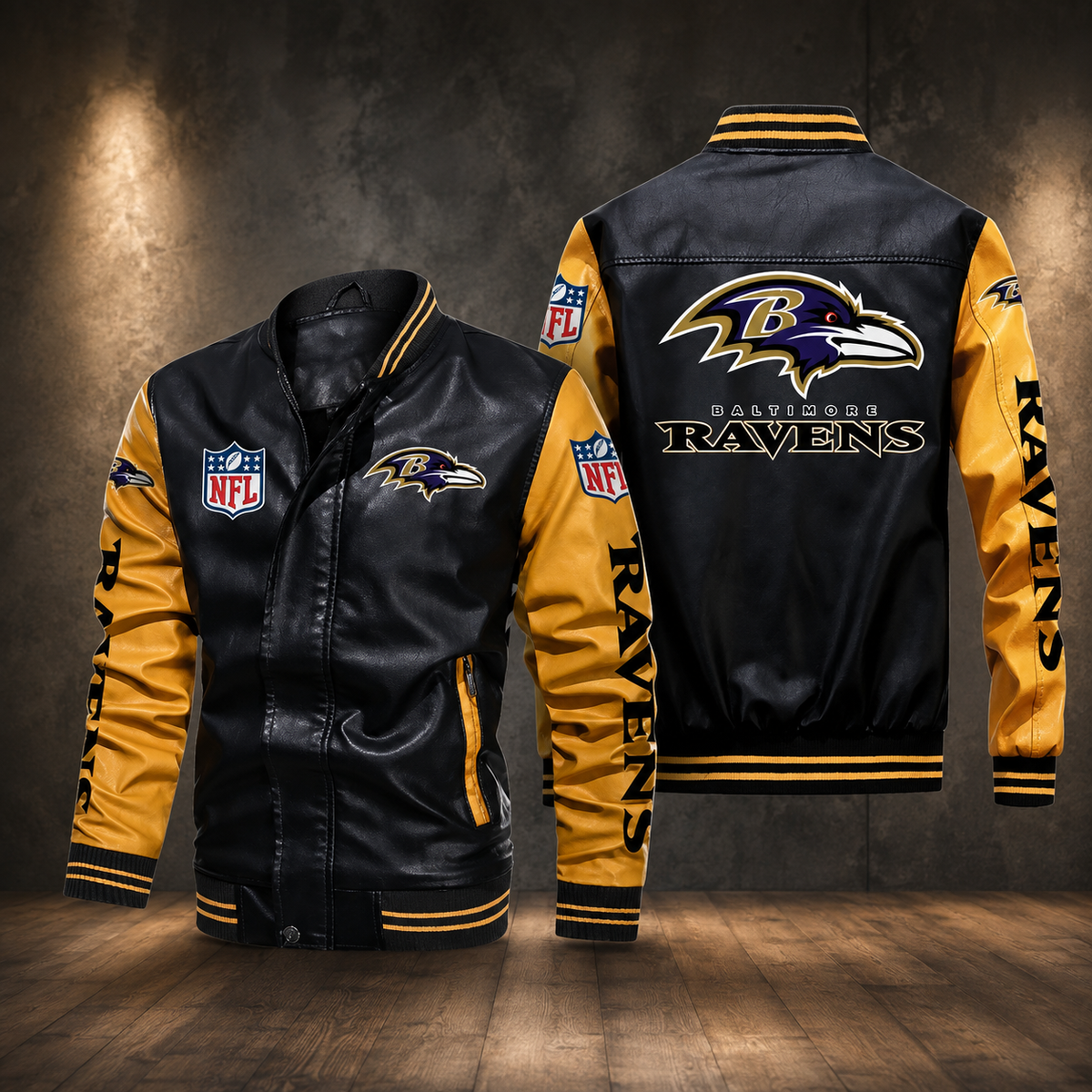 Men's Black & Gold Leather Varsity Jacket – Football Style Bomber Jacket with Embroidered Team Design