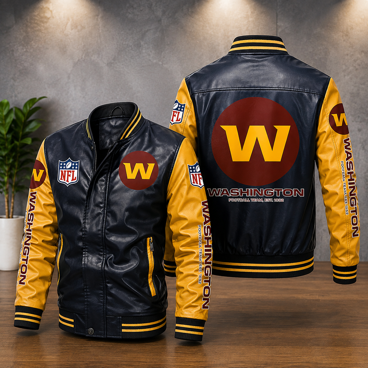 Washington Football Team Leather Varsity Jacket – Black & Gold NFL Fan Bomber Jacket