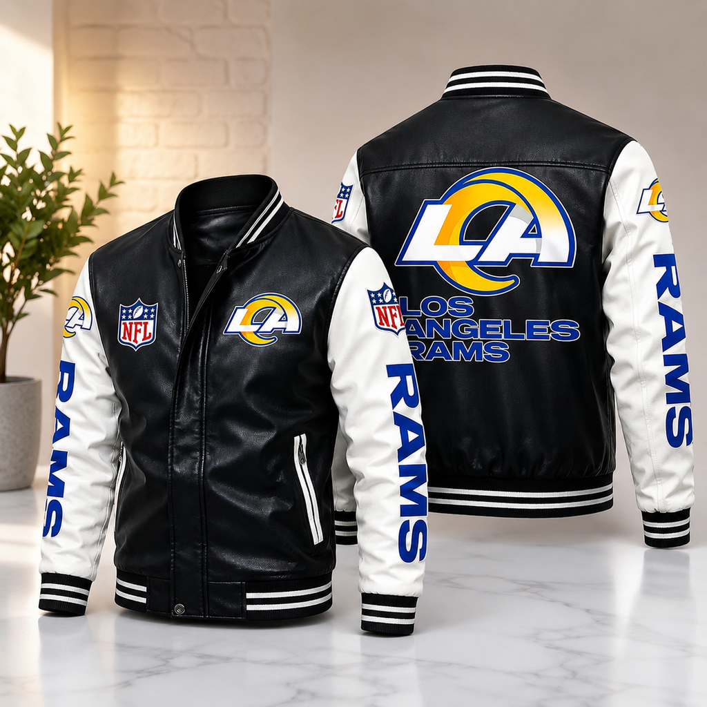 Los Angeles Rams Black & White Leather Varsity Jacket – NFL Bomber Style Jacket for Men