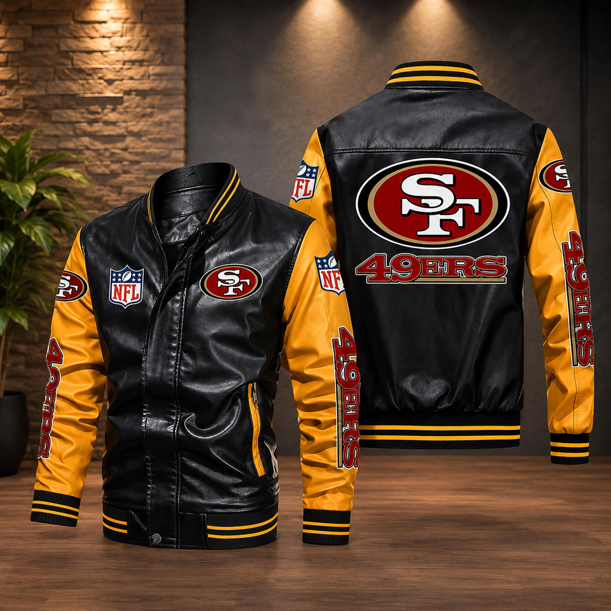 San Francisco 49ers Black & Gold Leather Varsity Jacket – Men’s NFL Football Bomber Jacket