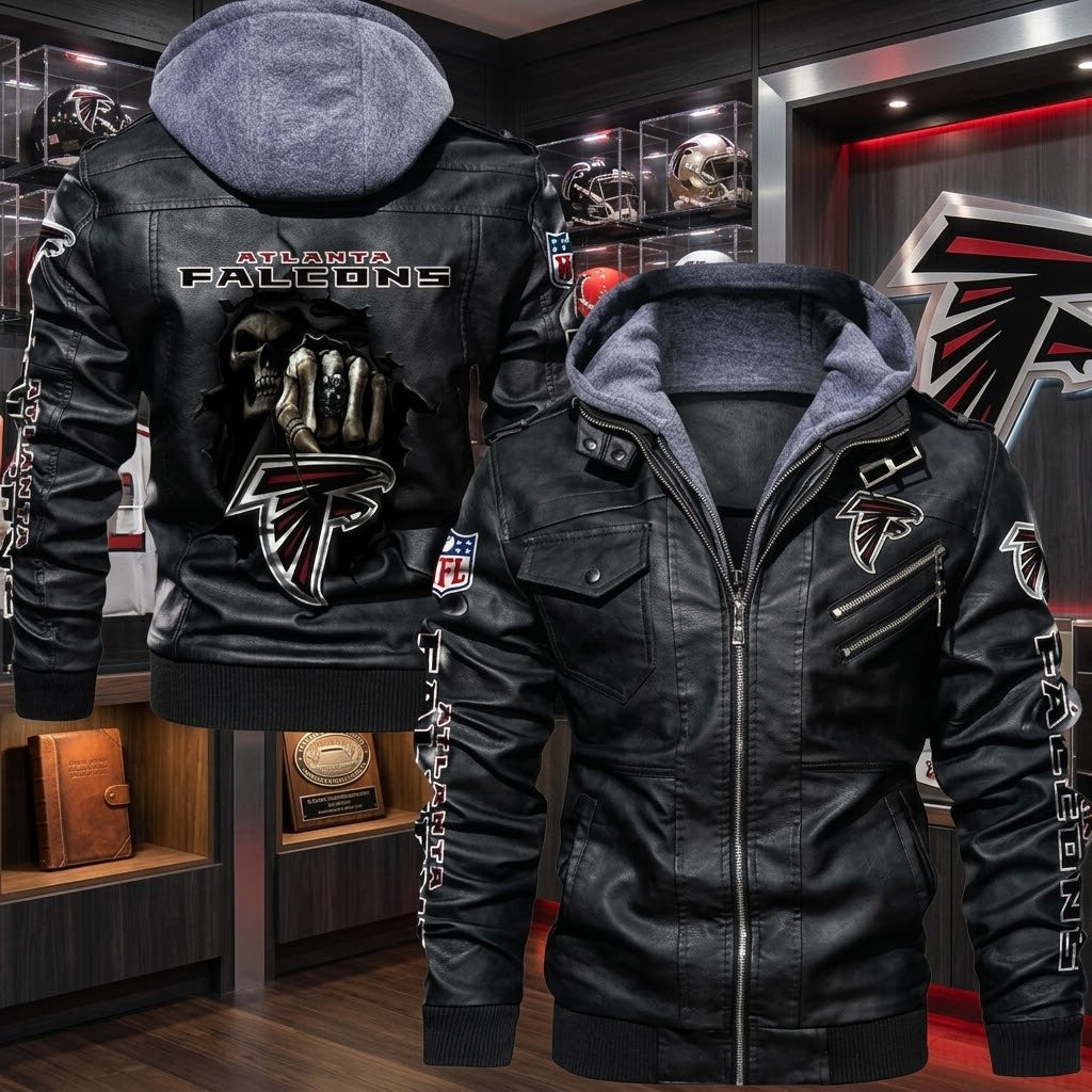 Atlanta Falcons Men's Hooded Faux Leather Jacket - Skull Graphic Biker Style Streetwear