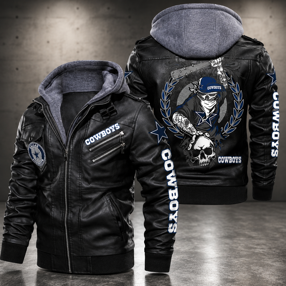 Dallas Cowboys Leather Hooded Jacket – Black Motorcycle Style NFL Fan Jacket