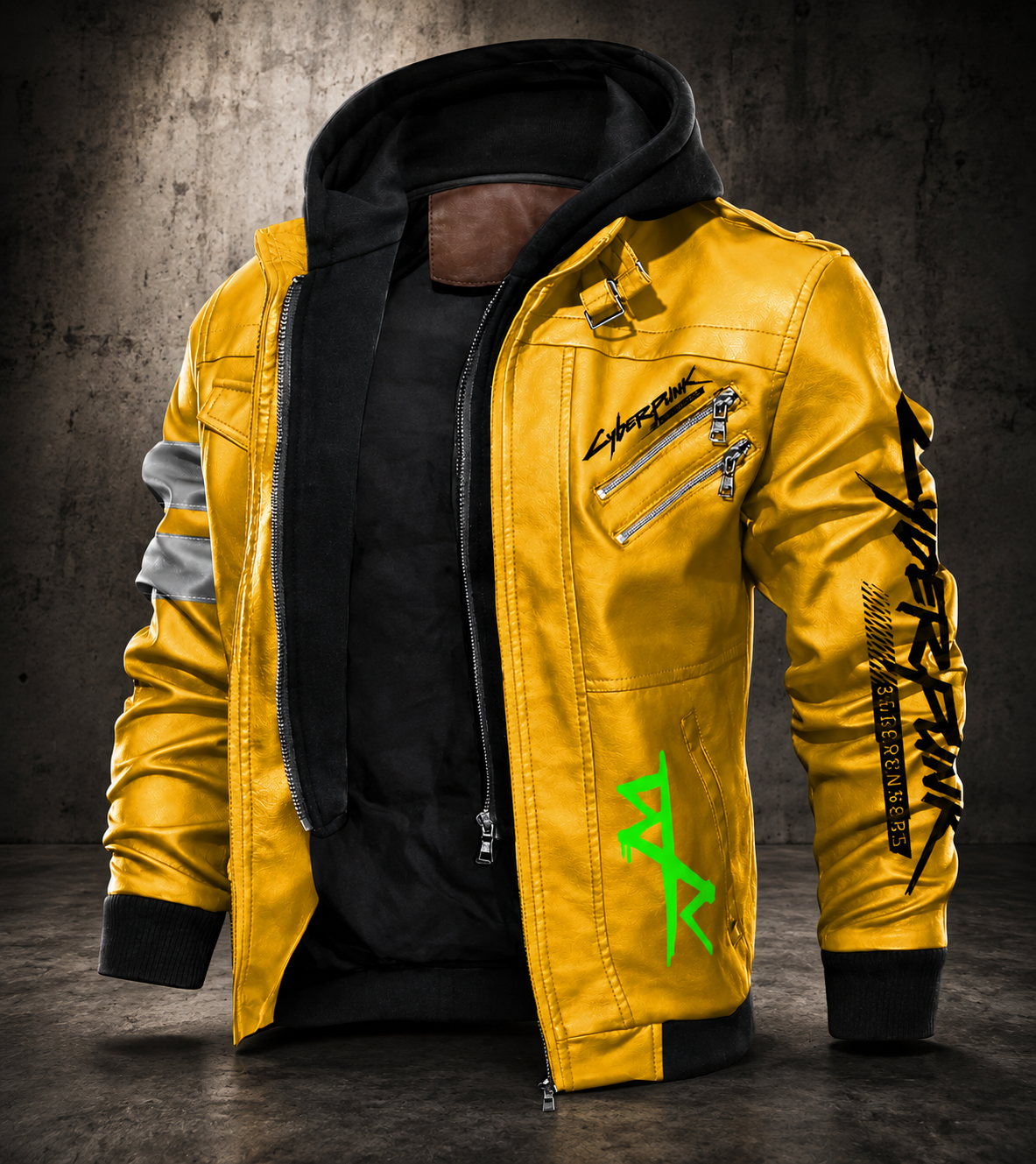 **Men’s Yellow Leather Jacket with Black Hood – Cyberpunk Motorcycle Style Biker Jacket**