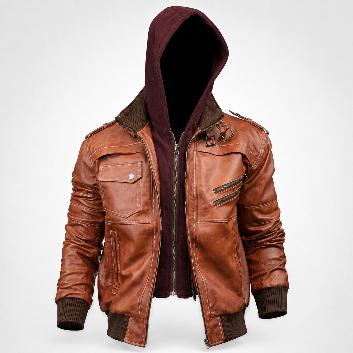 # Vintage Brown Leather Hooded Jacket  I can also create a few alternative title options for this jacket.