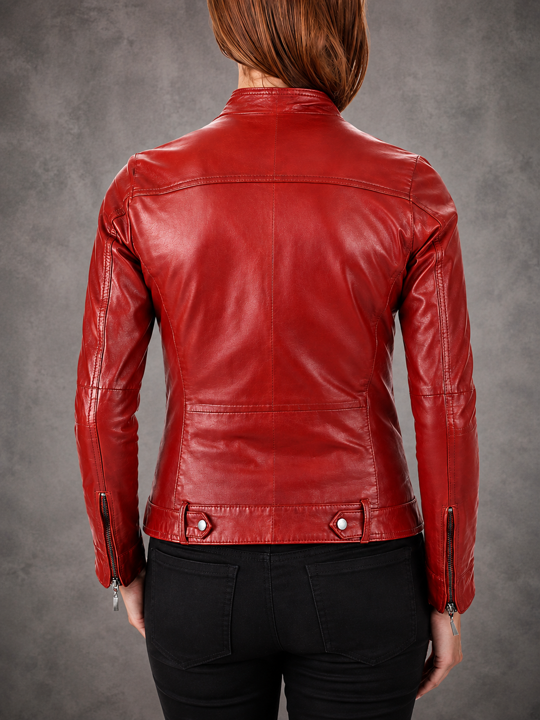 **Women’s Red Leather Moto Jacket – Stylish Slim Fit Biker Jacket with Zip Cuffs**