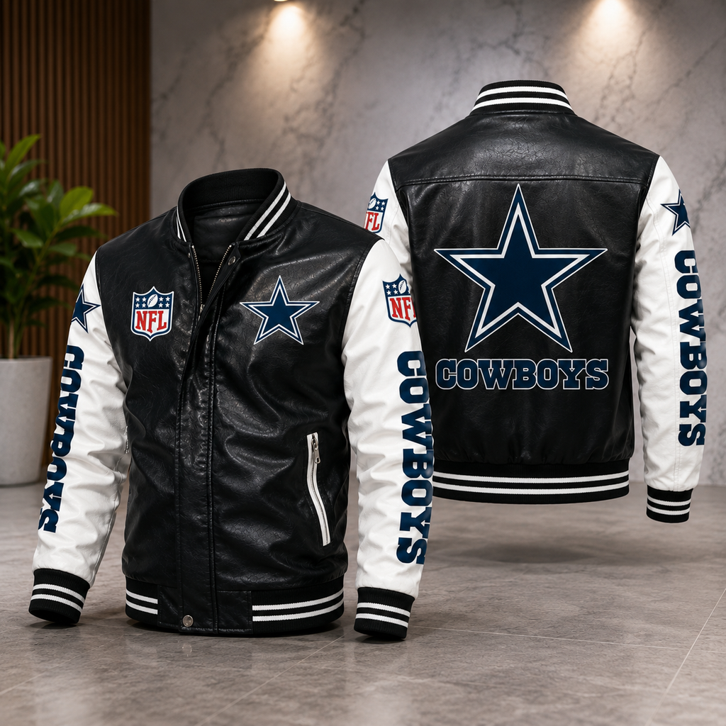 Dallas Cowboys Leather Varsity Jacket – Black & White NFL Fan Bomber Jacket