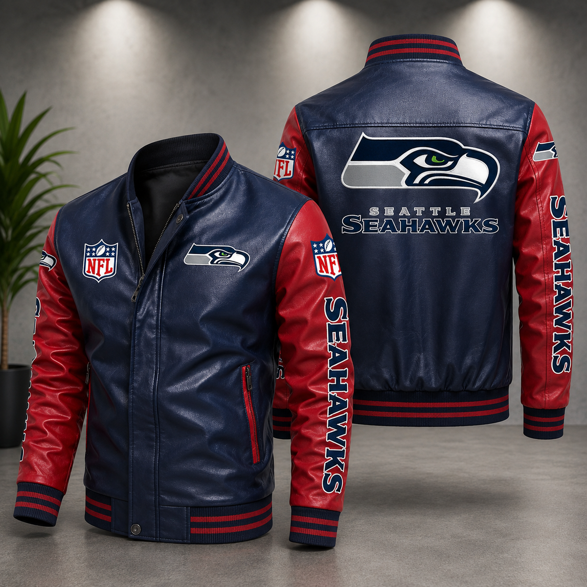 Seattle Seahawks Navy & Red Leather Varsity Jacket Men’s NFL Team Bomber Jacket**