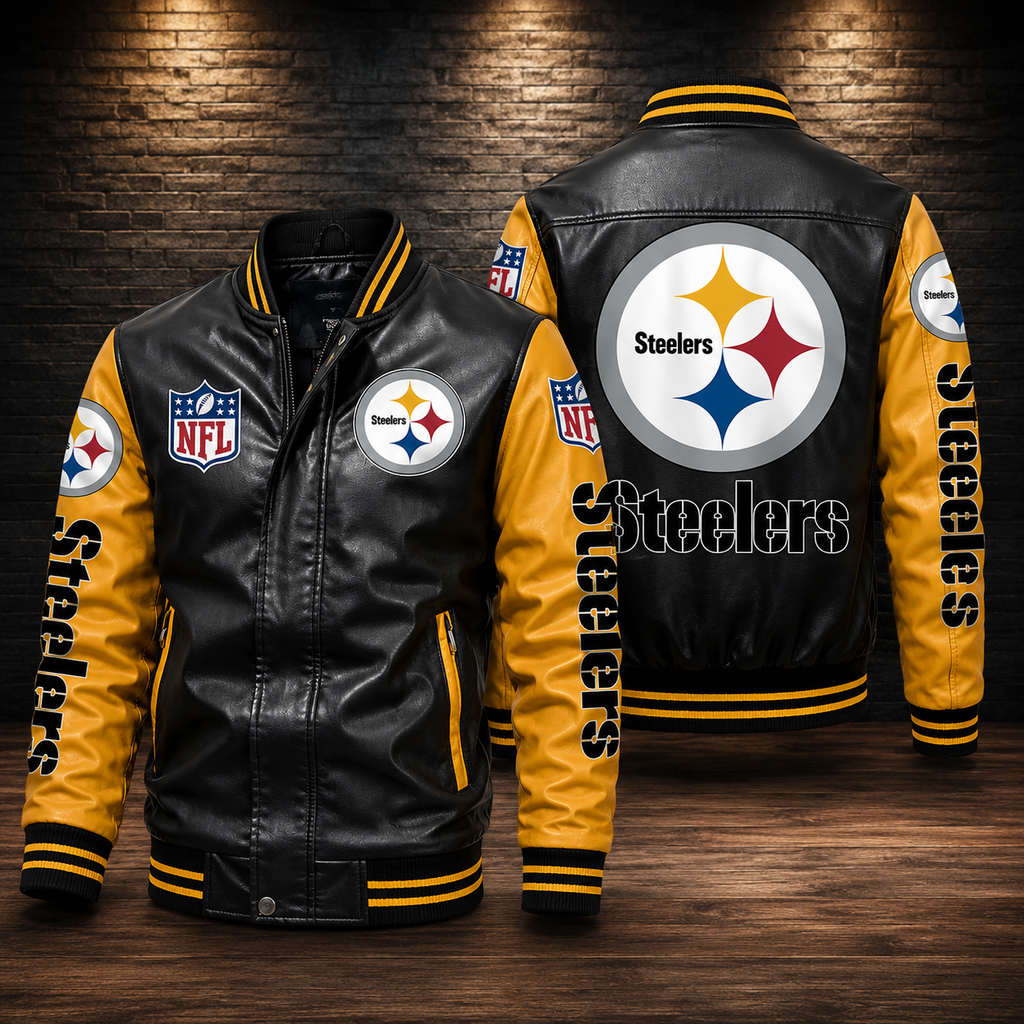 **Title:** Men’s Black & Gold Leather Varsity Jacket – Steelers Inspired Motorcycle Bomber Jacket
