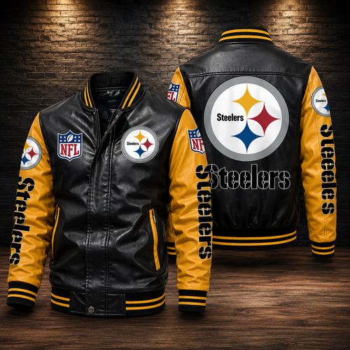 **Title:** Men’s Black & Gold Leather Varsity Jacket – Steelers Inspired Motorcycle Bomber Jacket