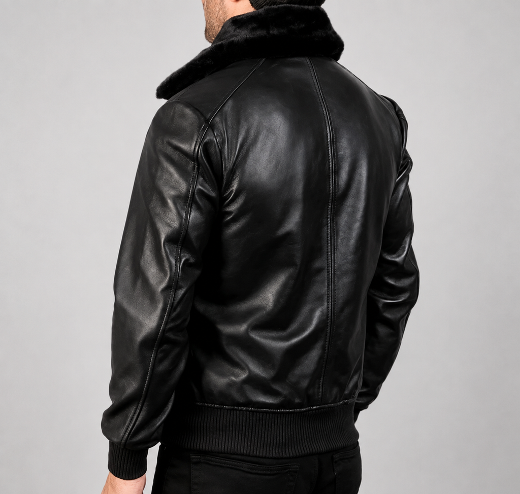 **Title:** Men’s Black Leather Bomber Jacket with Faux Fur Collar
