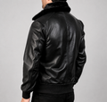 **Title:** Men’s Black Leather Bomber Jacket with Faux Fur Collar