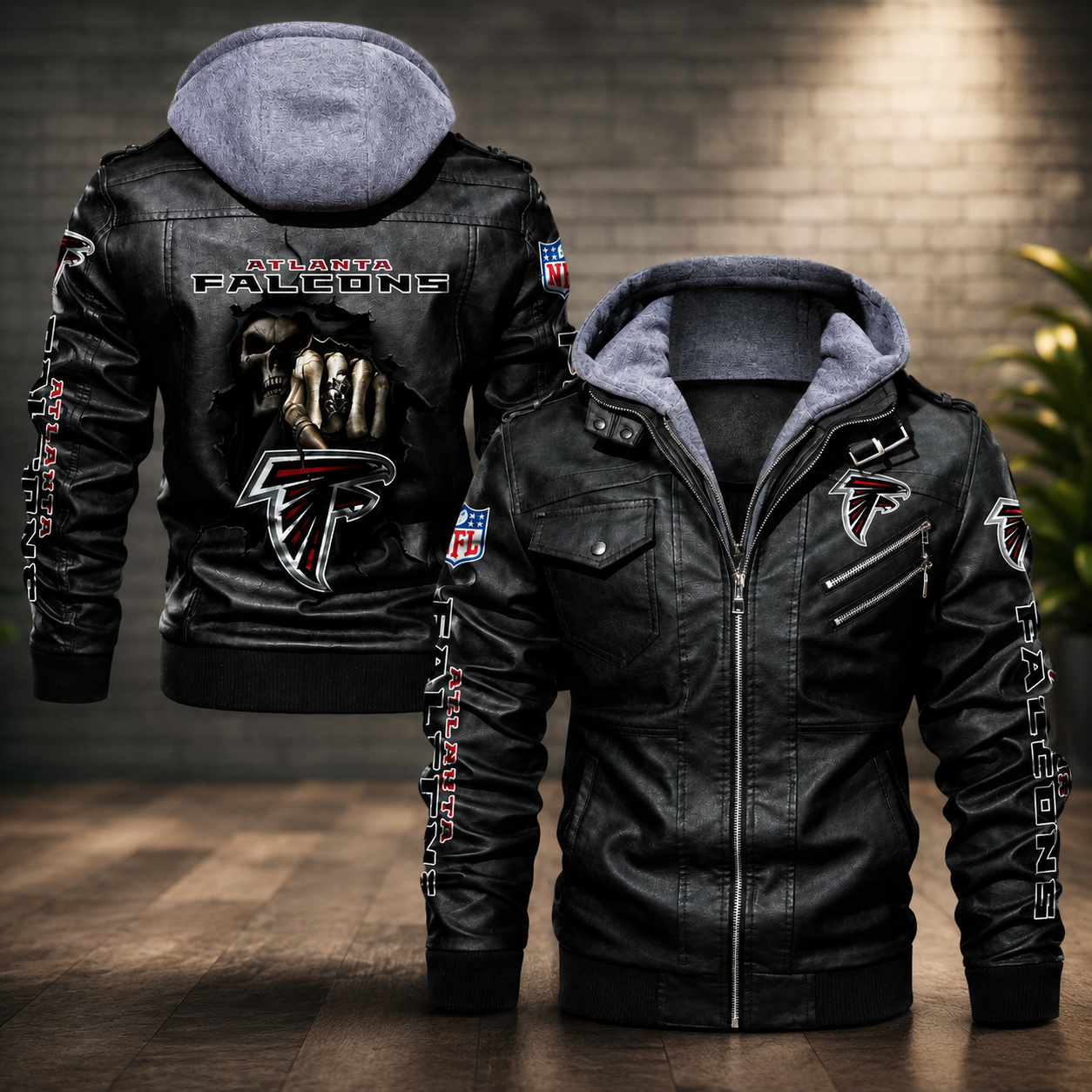 Atlanta Falcons Leather Hooded Jacket – Black Motorcycle Style NFL Fan Jacket