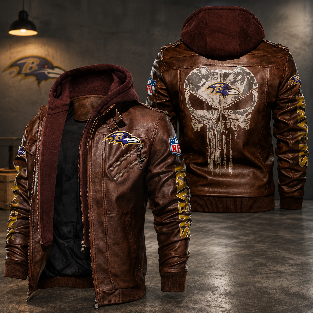 Baltimore Ravens Leather Hooded Jacket – Brown Motorcycle Style NFL Fan Jacket