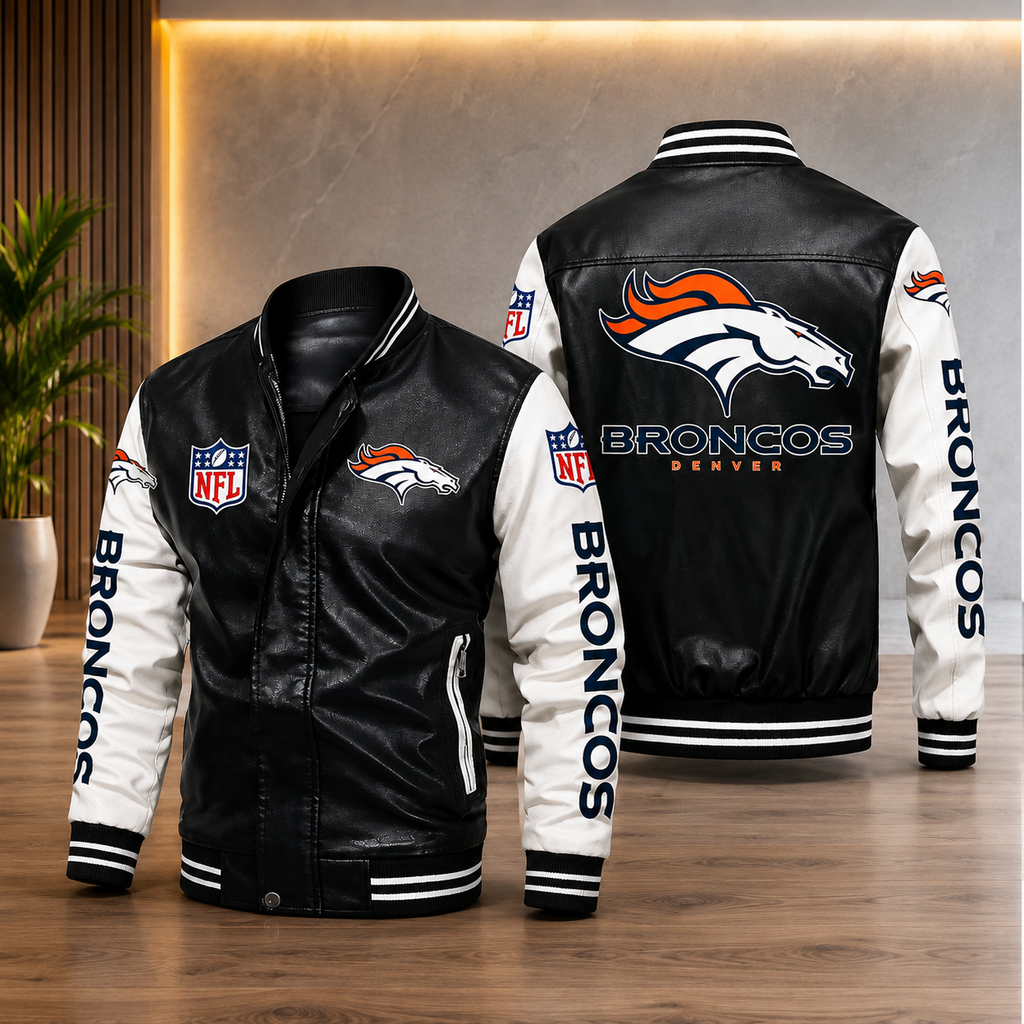 Denver Broncos Black & White Leather Varsity Jacket – NFL Bomber Jacket for Men