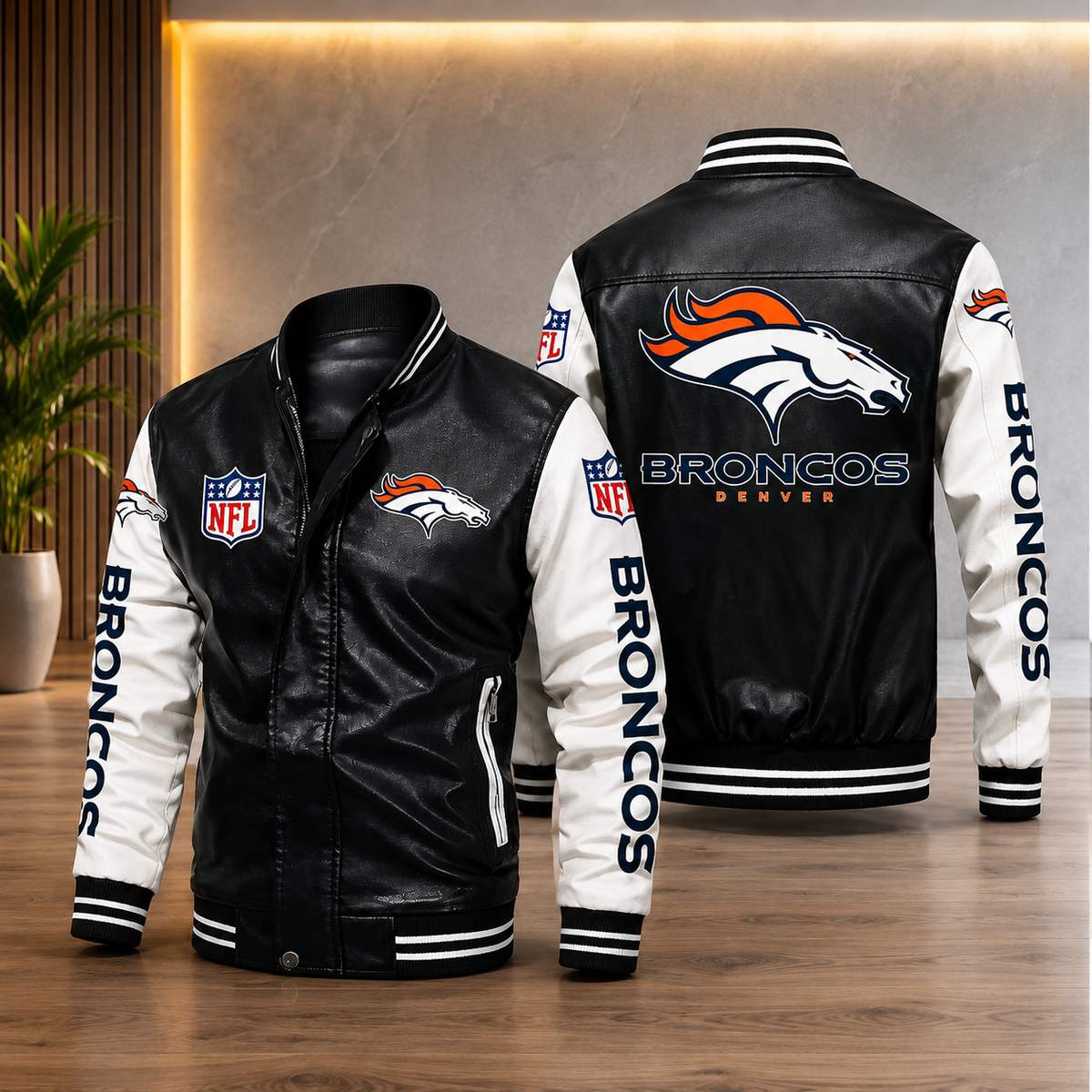 Denver Broncos Black & White Leather Varsity Jacket – NFL Bomber Jacket for Men