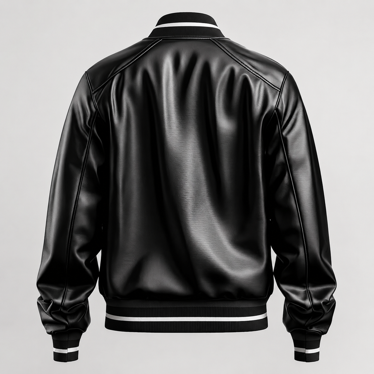 **Title:** Men’s Black Leather Varsity Bomber Jacket – Stylish Ribbed Collar & Cuffs Jacket
