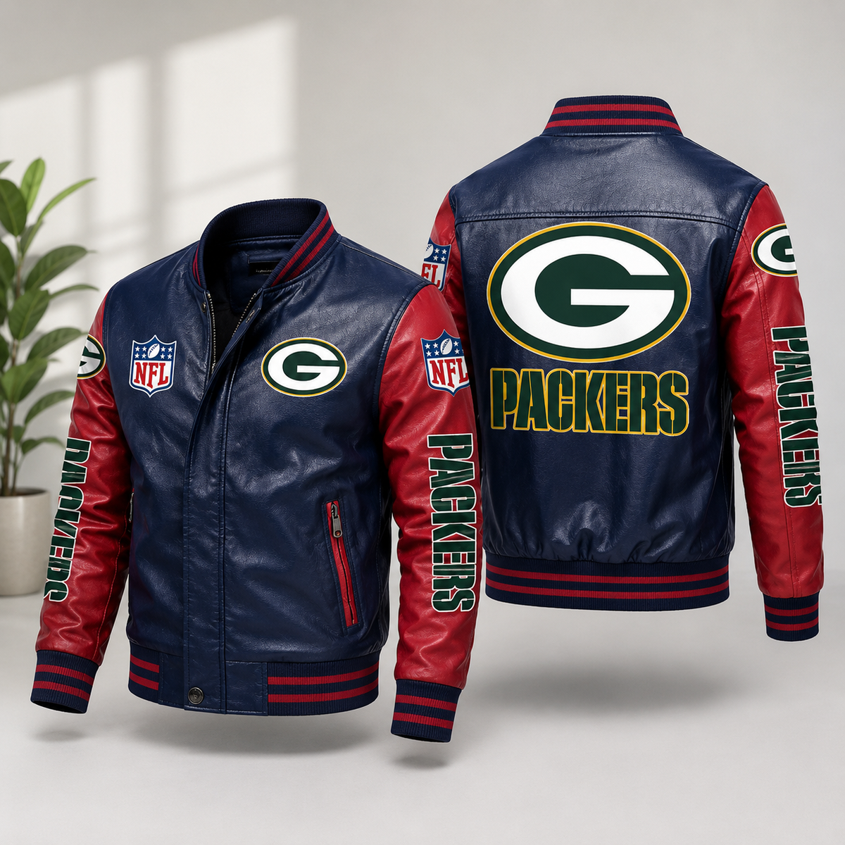 Green Bay Packers Navy & Red Leather Varsity Jacket – NFL Bomber Jacket for Men