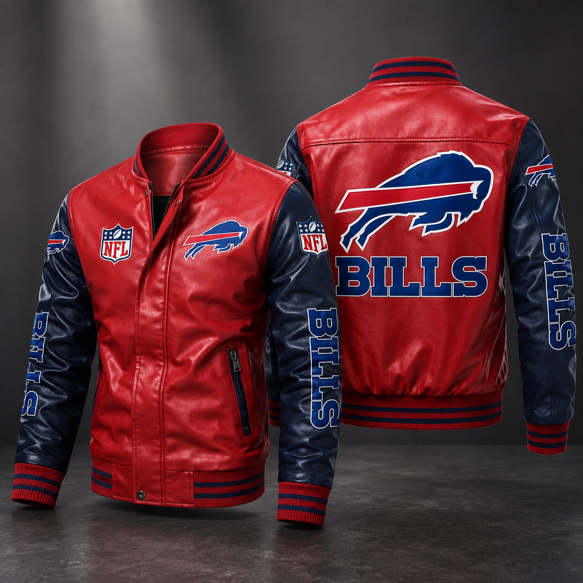 Buffalo Bills Leather Varsity Jacket – Red & Navy NFL Fan Bomber Jacket