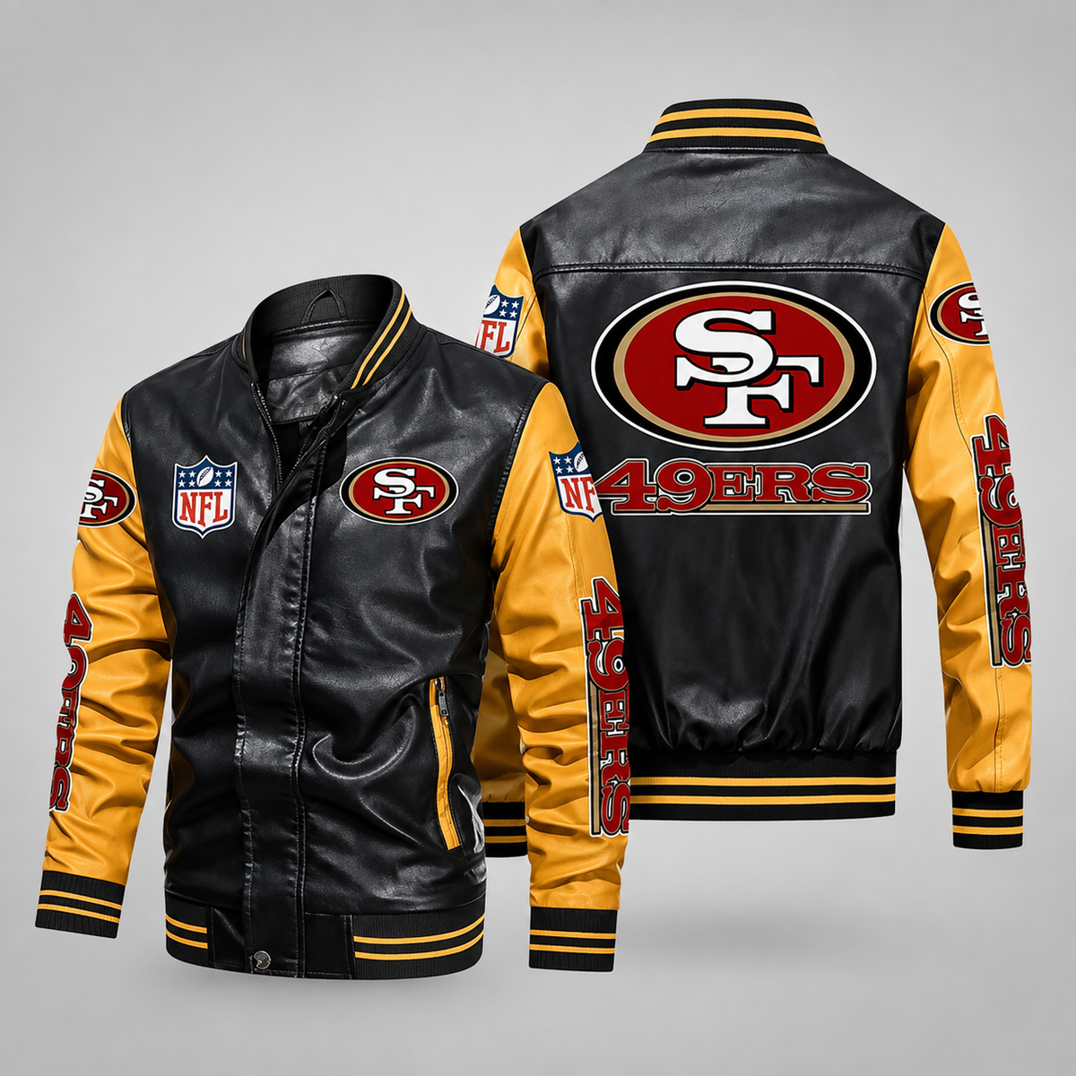 San Francisco 49ers Black & Gold Leather Varsity Jacket – Men’s NFL Football Bomber Jacket