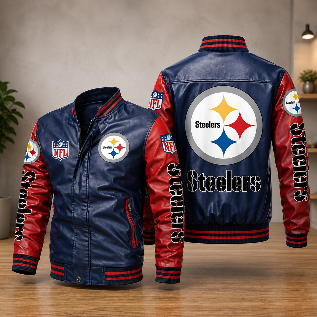 Pittsburgh Steelers Leather Varsity Jacket – Navy & Red NFL Fan Bomber Jacket