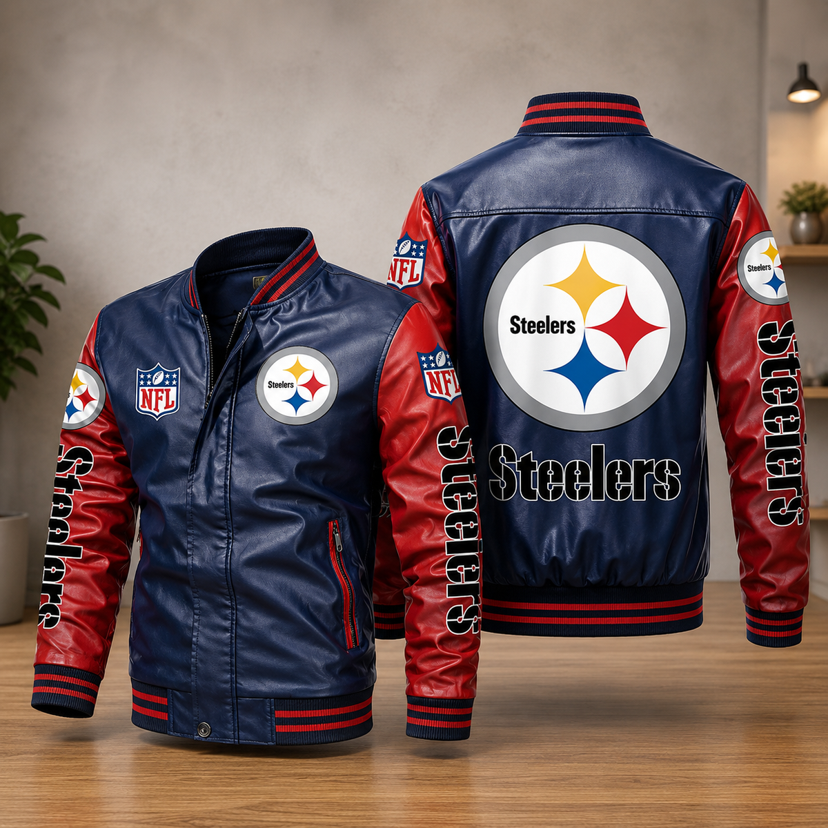 Pittsburgh Steelers Leather Varsity Jacket – Navy & Red NFL Fan Bomber Jacket