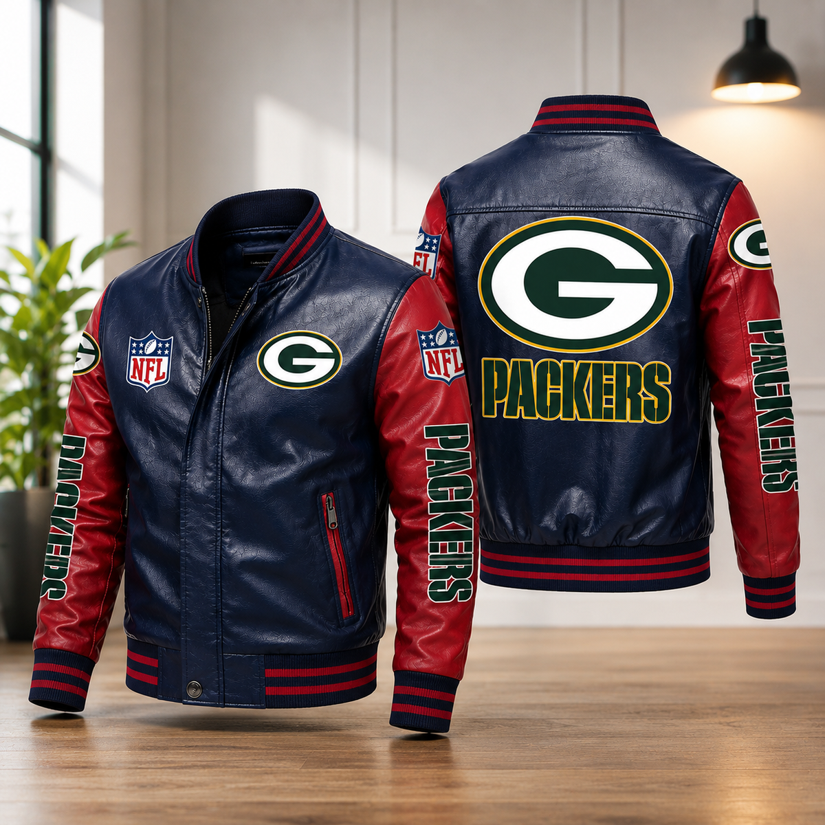 Green Bay Packers Navy & Red Leather Varsity Jacket – NFL Bomber Jacket for Men