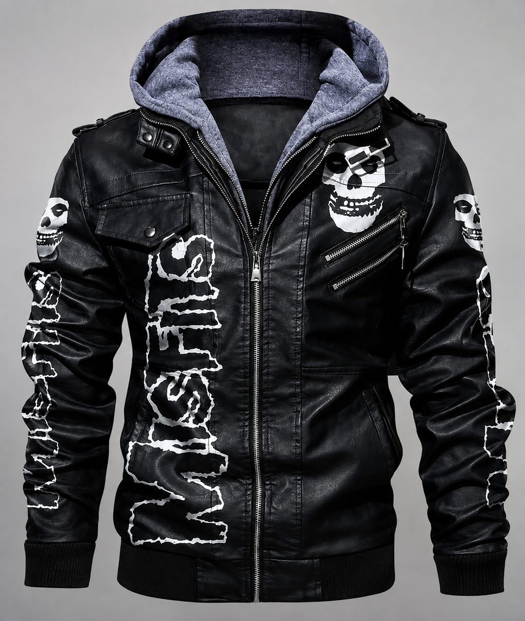 **Men's Black Faux Leather Skull Graphic Print Hooded Motorcycle Jacket**