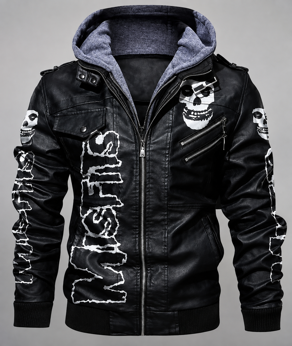 **Men's Black Faux Leather Skull Graphic Print Hooded Motorcycle Jacket**