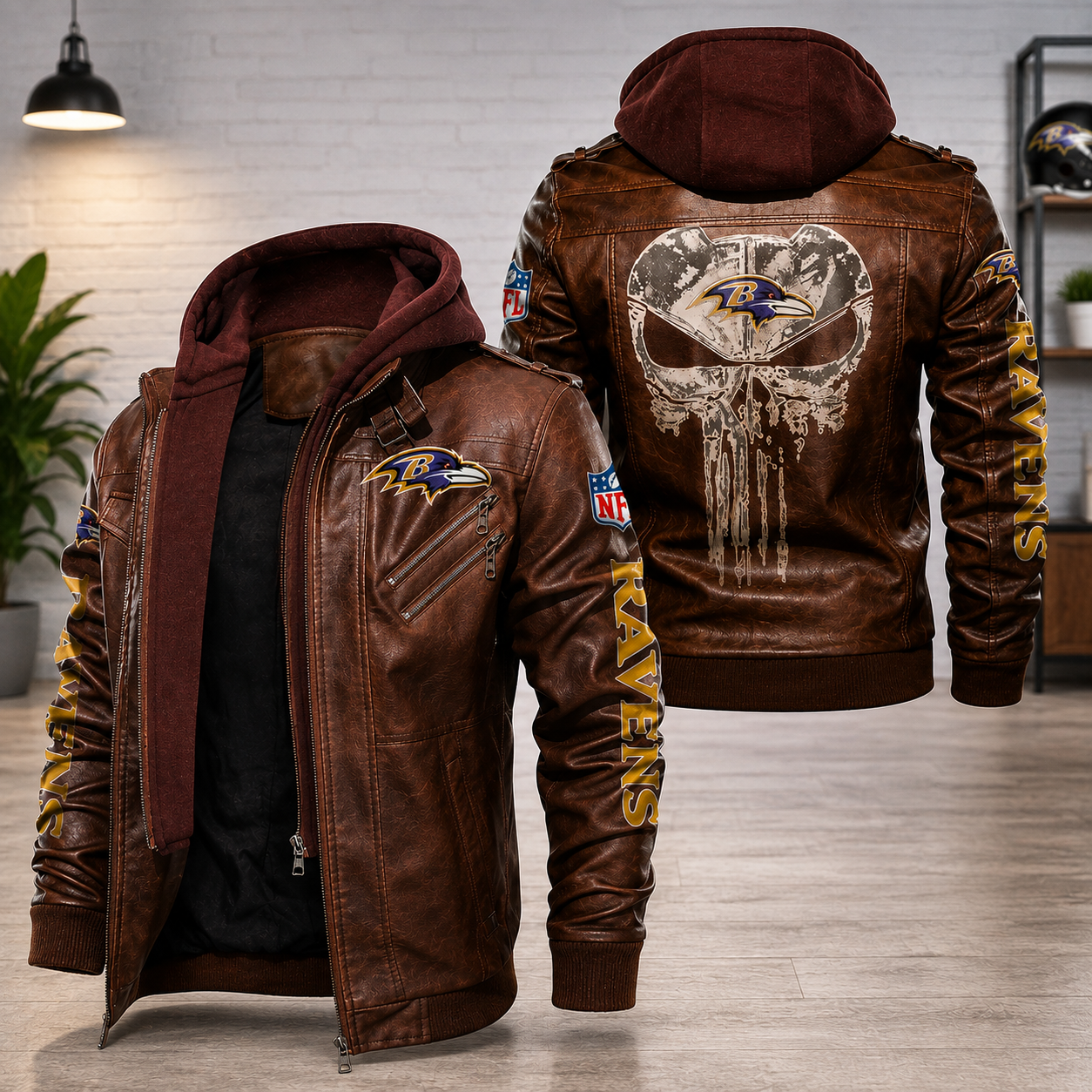 Baltimore Ravens Leather Hooded Jacket – Brown Motorcycle Style NFL Fan Jacket