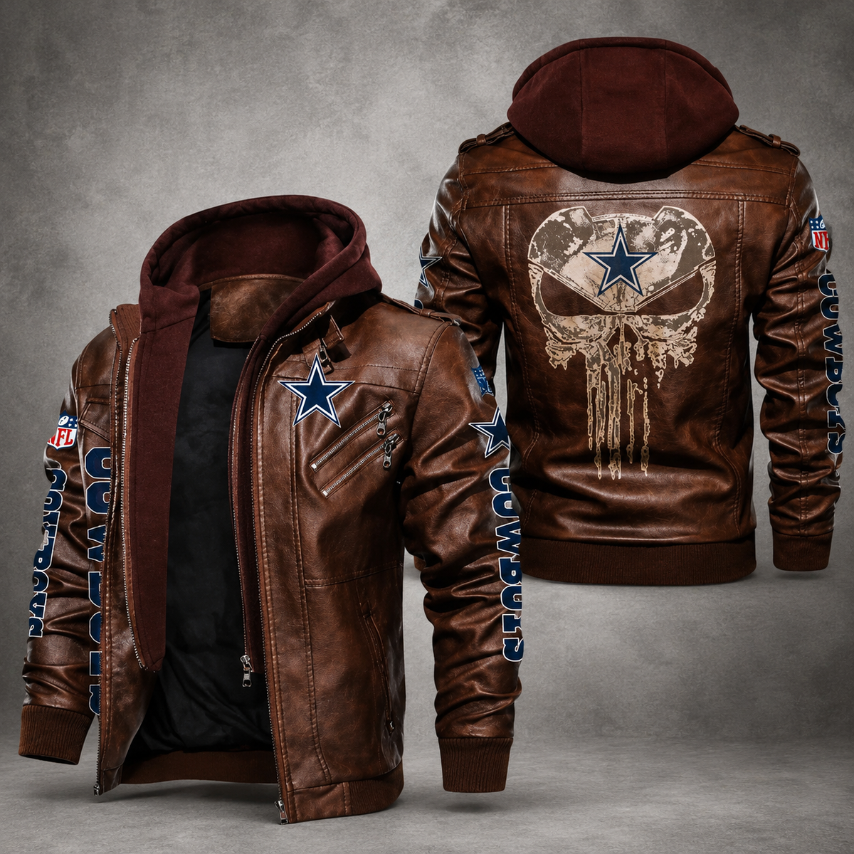 **Title:** Men’s Brown Leather Hooded Biker Jacket – Cowboys Star Skull Motorcycle Jacket