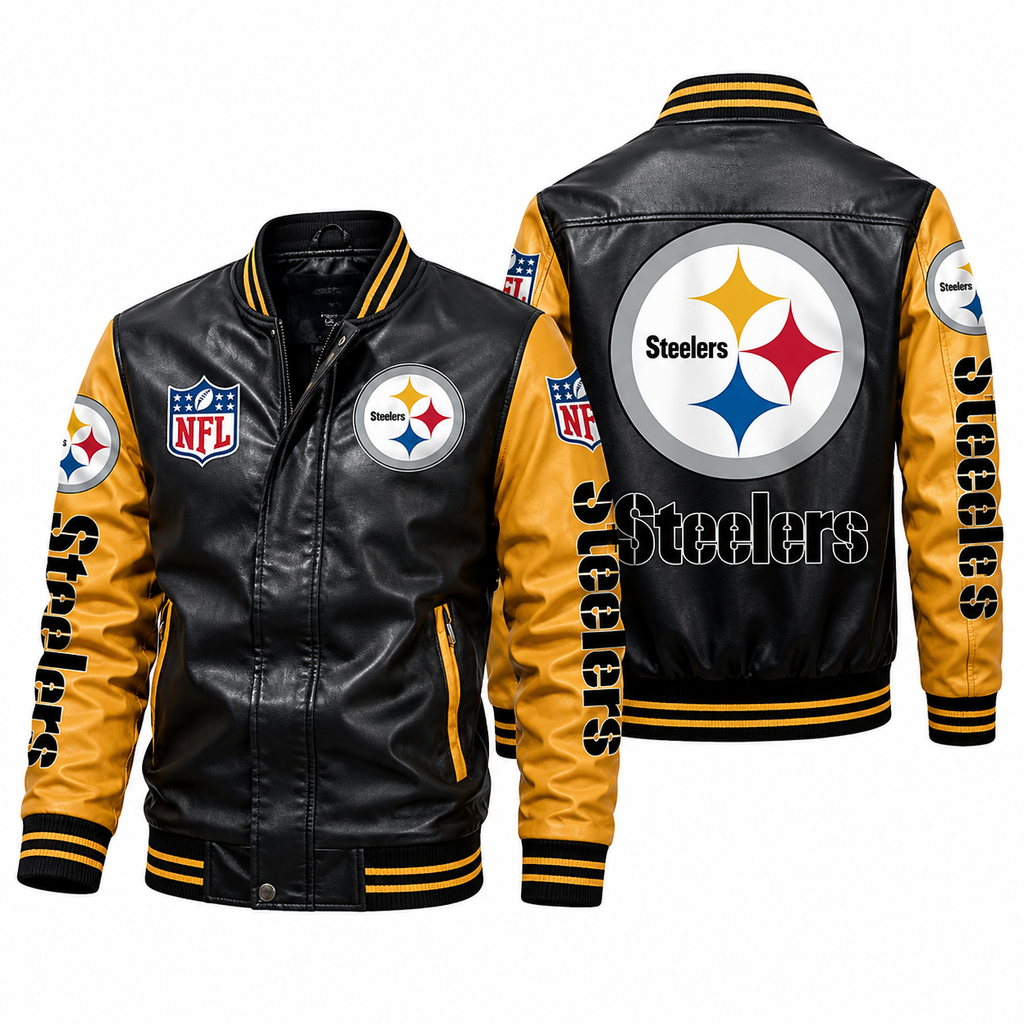**Title:** Men’s Black & Gold Leather Varsity Jacket – Steelers Inspired Motorcycle Bomber Jacket
